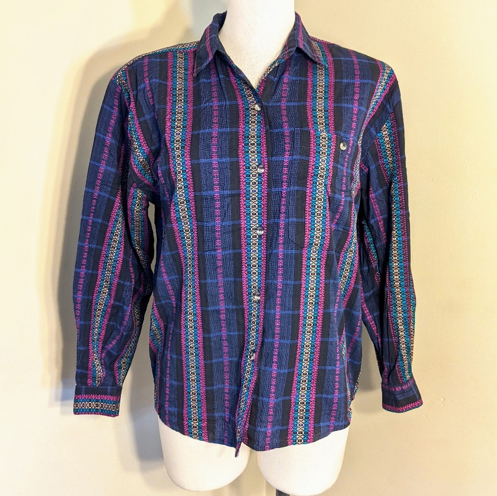 Vintage Western Southwest Plaid Woven Cotton Button Down Shirt